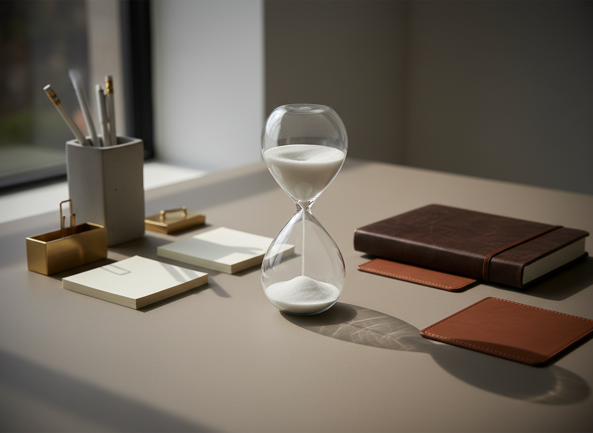 A sleek glass hourglass with fine white sand, resting on a meticulously organized matte taupe desk surface. The workspace is styled with clean, geometric stationery in neutral shades and a closed, leather-bound journal, creating an atmosphere of quiet focus and professionalism. Natural, diffused daylight streams in from the left, highlighting the gentle curves of the hourglass and casting soft, balanced shadows across the orderly desktop. Captured from an eye-level perspective with a centered composition and gentle vignette, the image conveys steadiness and clarity, serving as a photographic, clean, and modern symbol for mindful transformation and the time invested in personal growth.